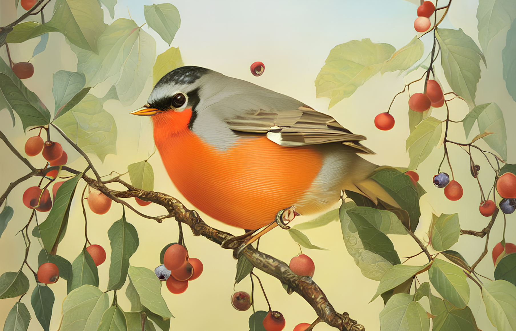 Colorful Bird with Grey Head, White Cheeks, Orange Breast on Branch among Green Leaves and Red