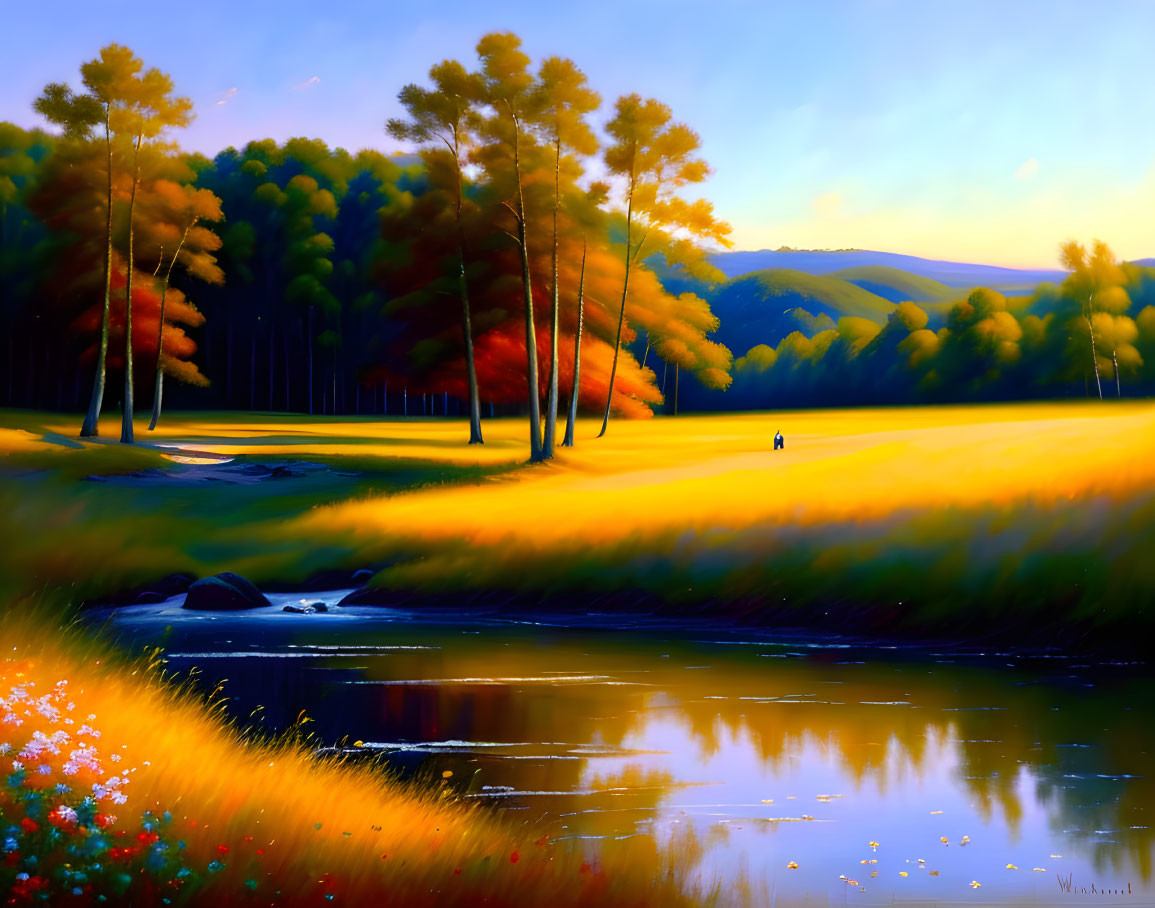 Tranquil landscape with golden sunlight, autumn trees, stream, and distant figure