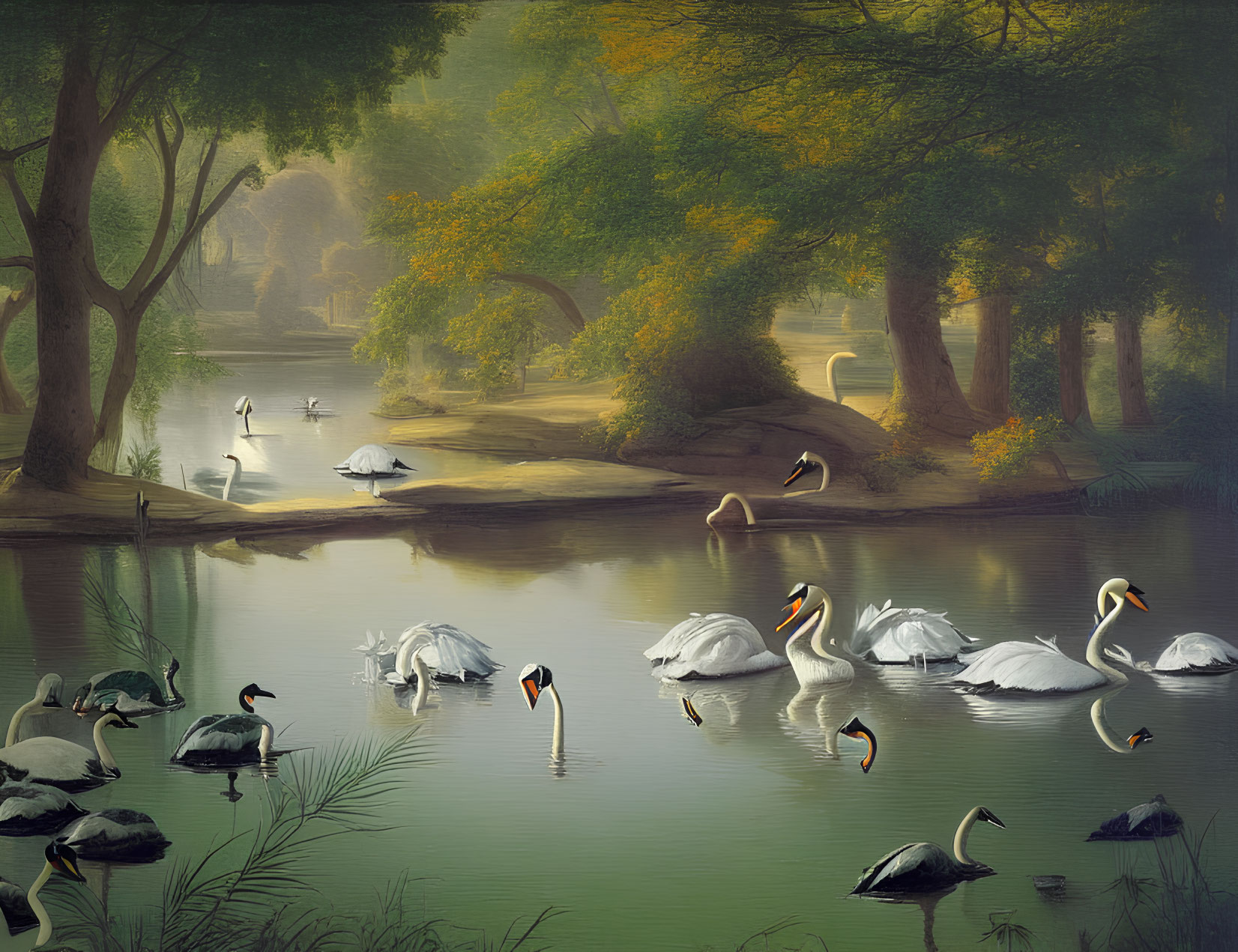 Tranquil woodland pond with swans, ducks, and lush trees