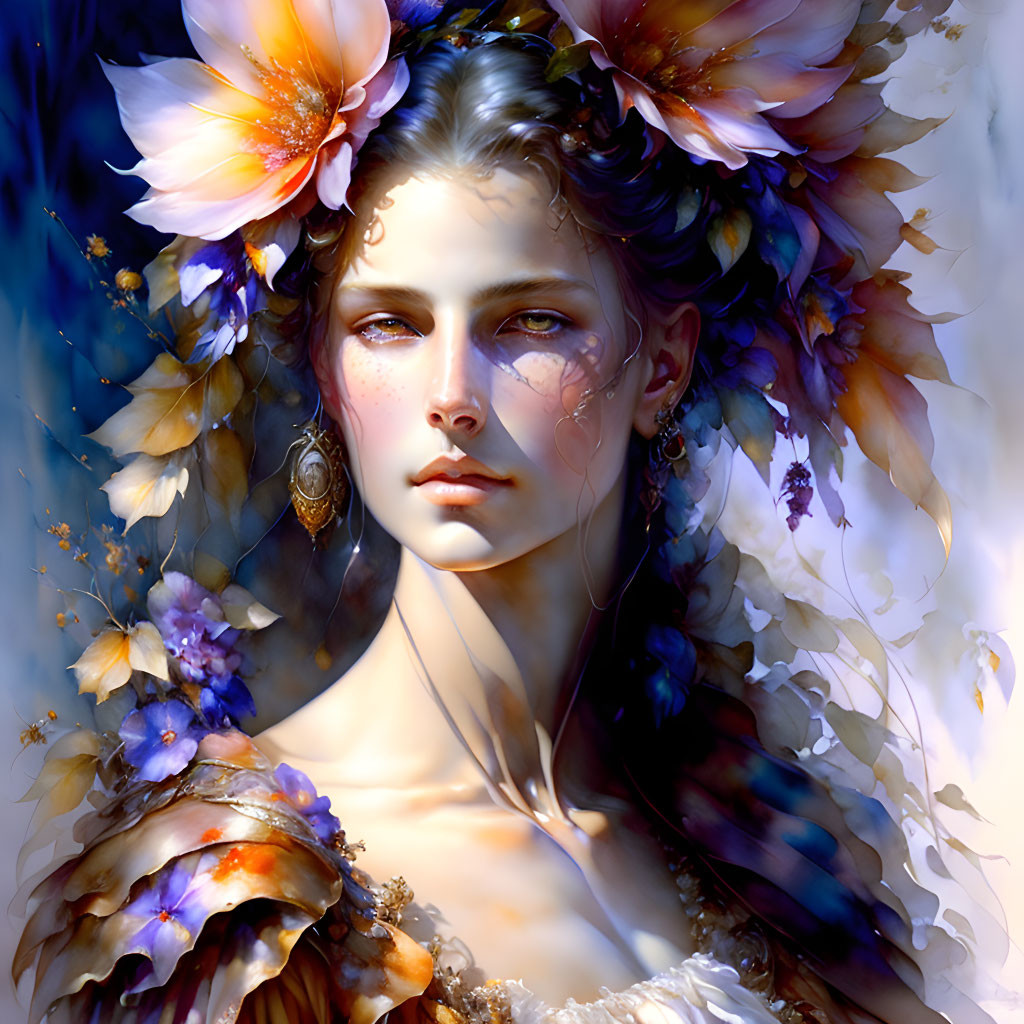 Ethereal portrait of a woman with flowers in her hair and piercing gaze