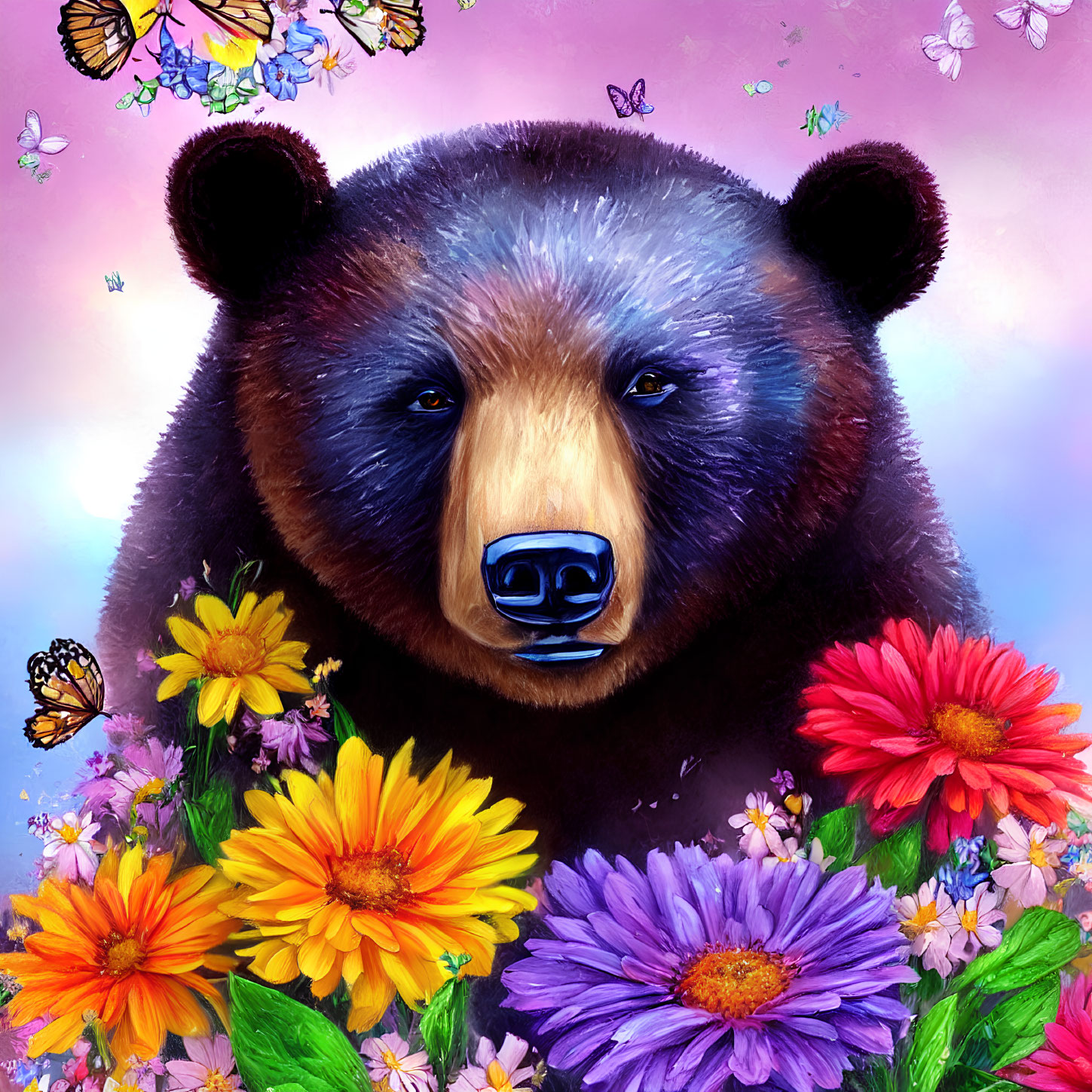 Colorful Bear Face Surrounded by Butterflies and Flowers