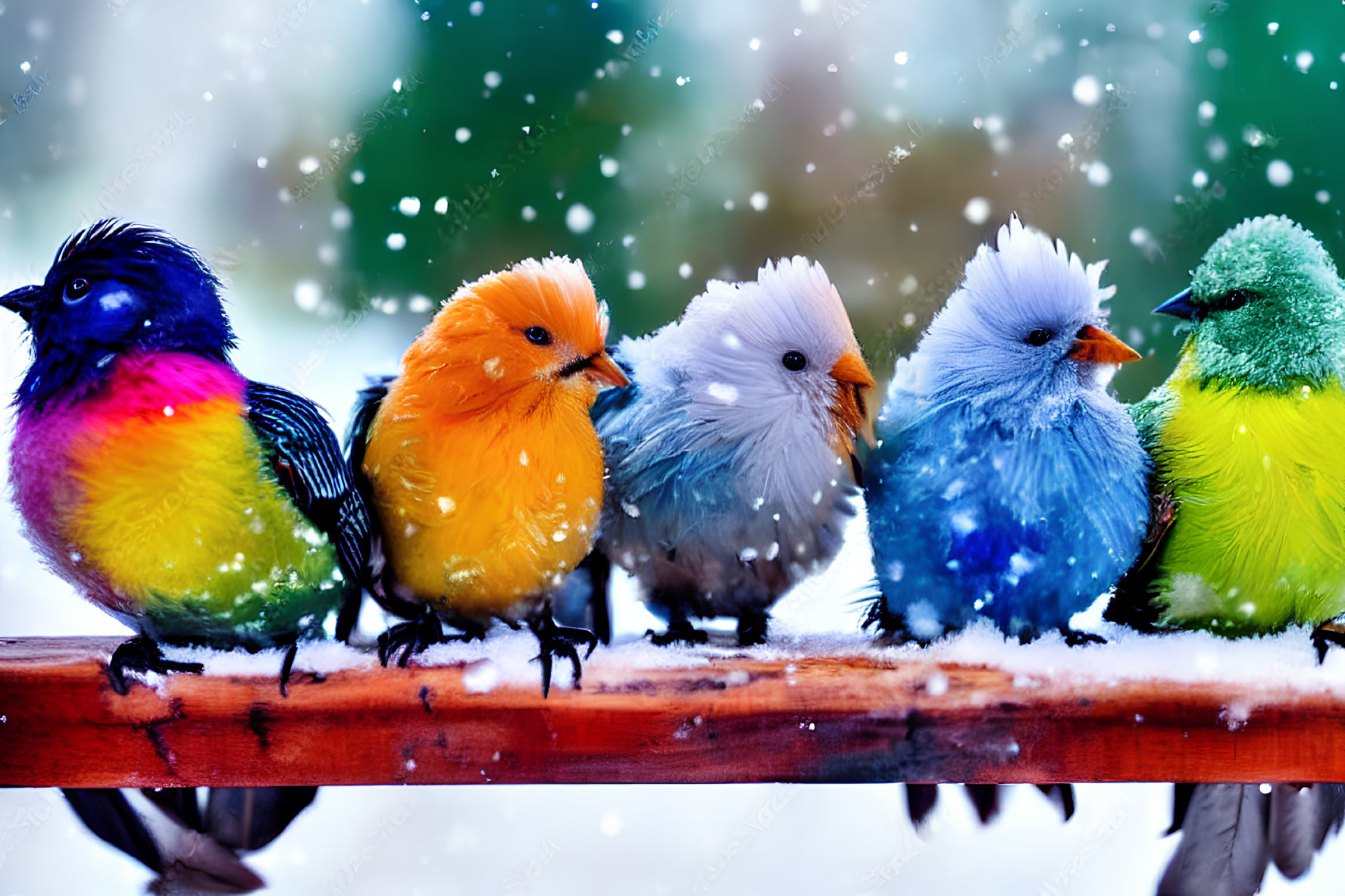 Colorful Birds Perched on Branch Amid Falling Snowflakes