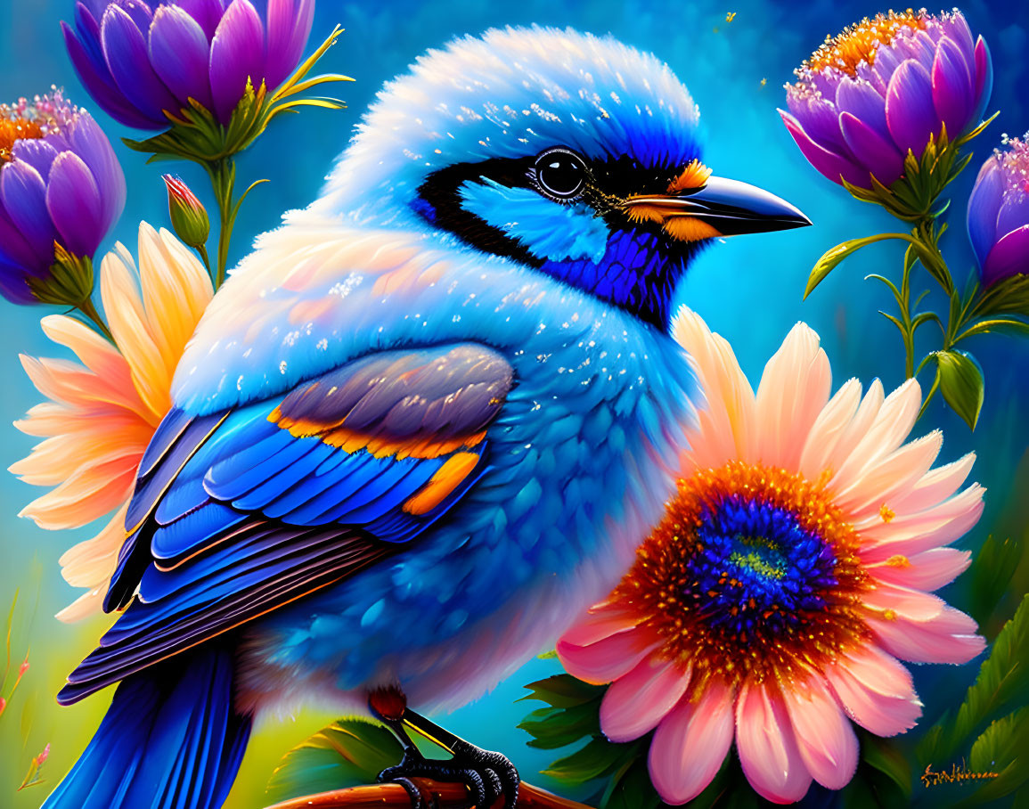 Colorful digital artwork: Bluebird among vibrant flowers