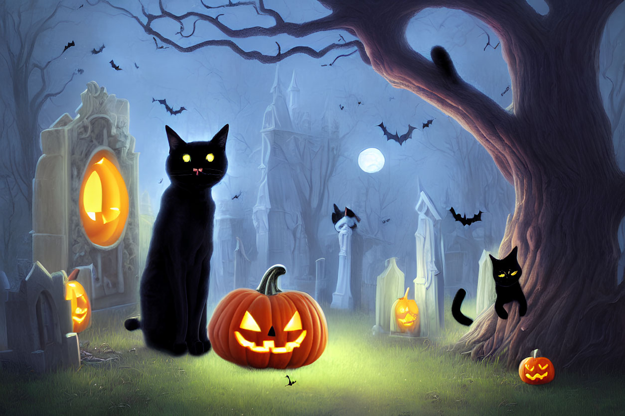 Halloween scene with black cats, jack-o-lanterns, graveyard, full moon, bats