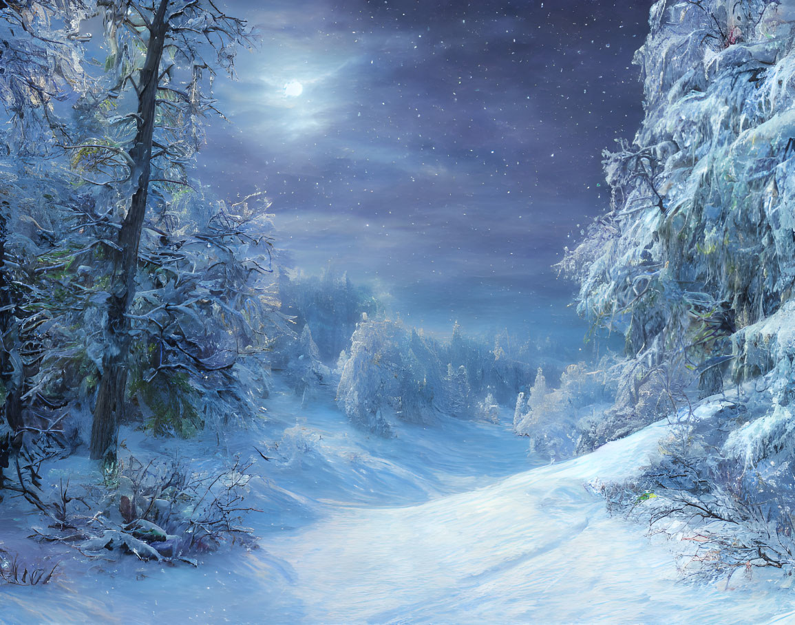 Snowy Night Landscape with Full Moon and Snow-Covered Trees