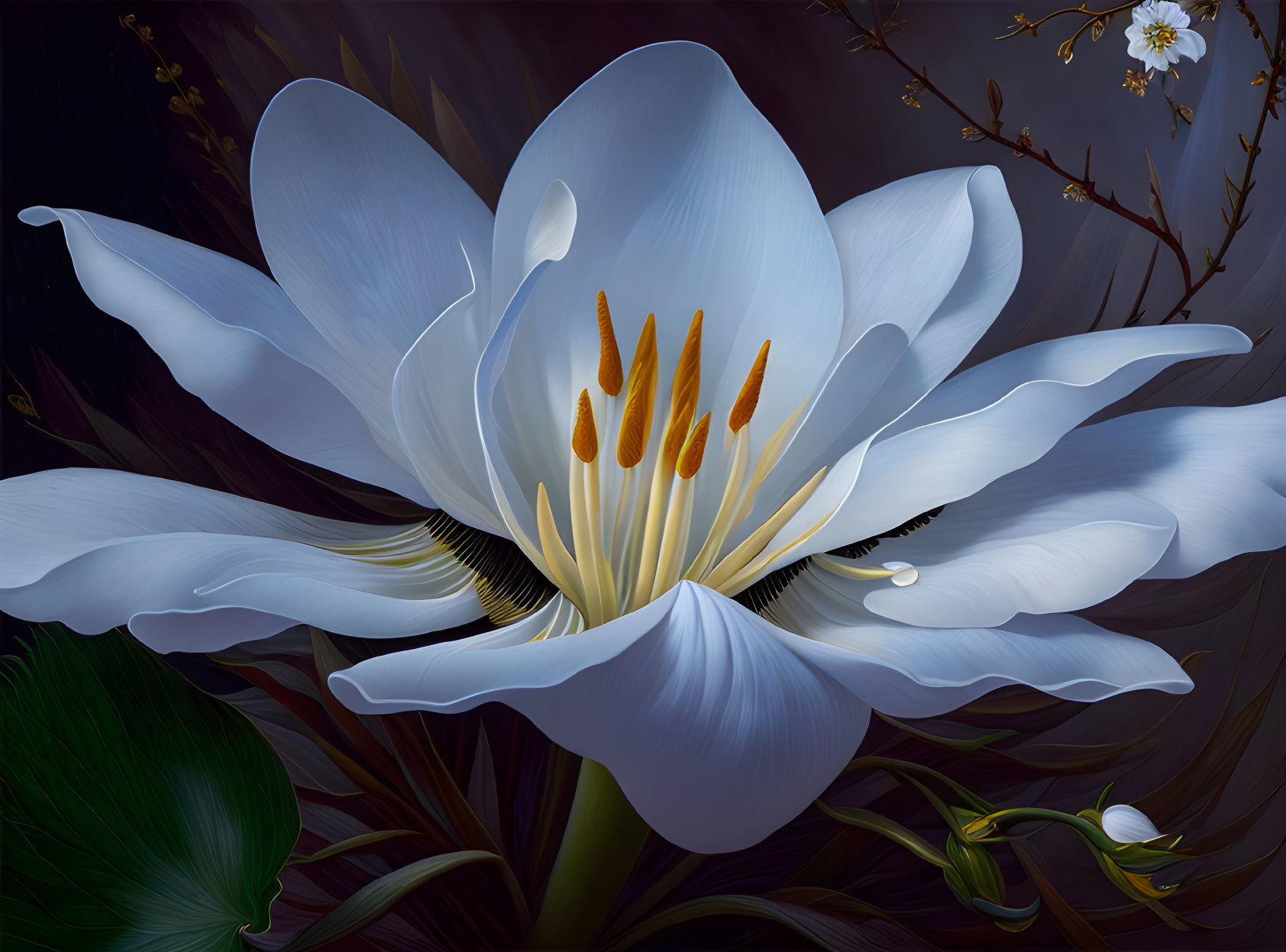 Detailed White Lily Illustration with Vibrant Yellow Stamens on Dark Background