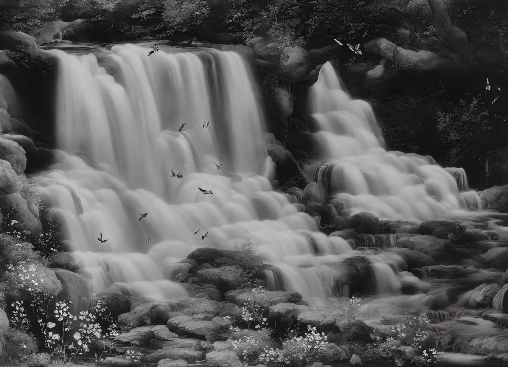 Monochrome image of cascading waterfall with birds and flora