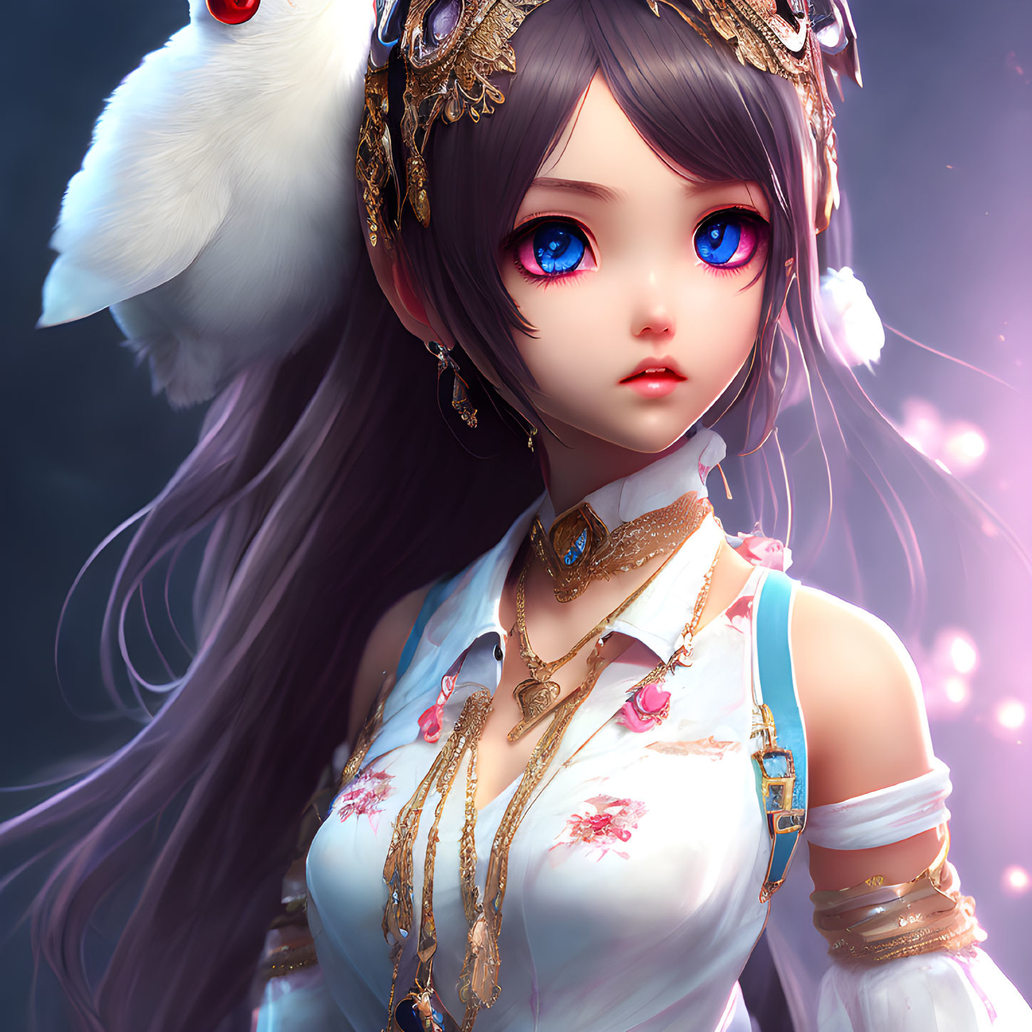 Illustration of girl with blue eyes, dark hair, gold jewelry, and a white cockatoo