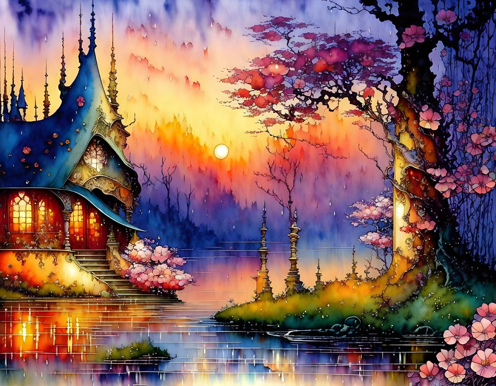 Fantasy landscape illustration with colorful buildings and blossoming trees