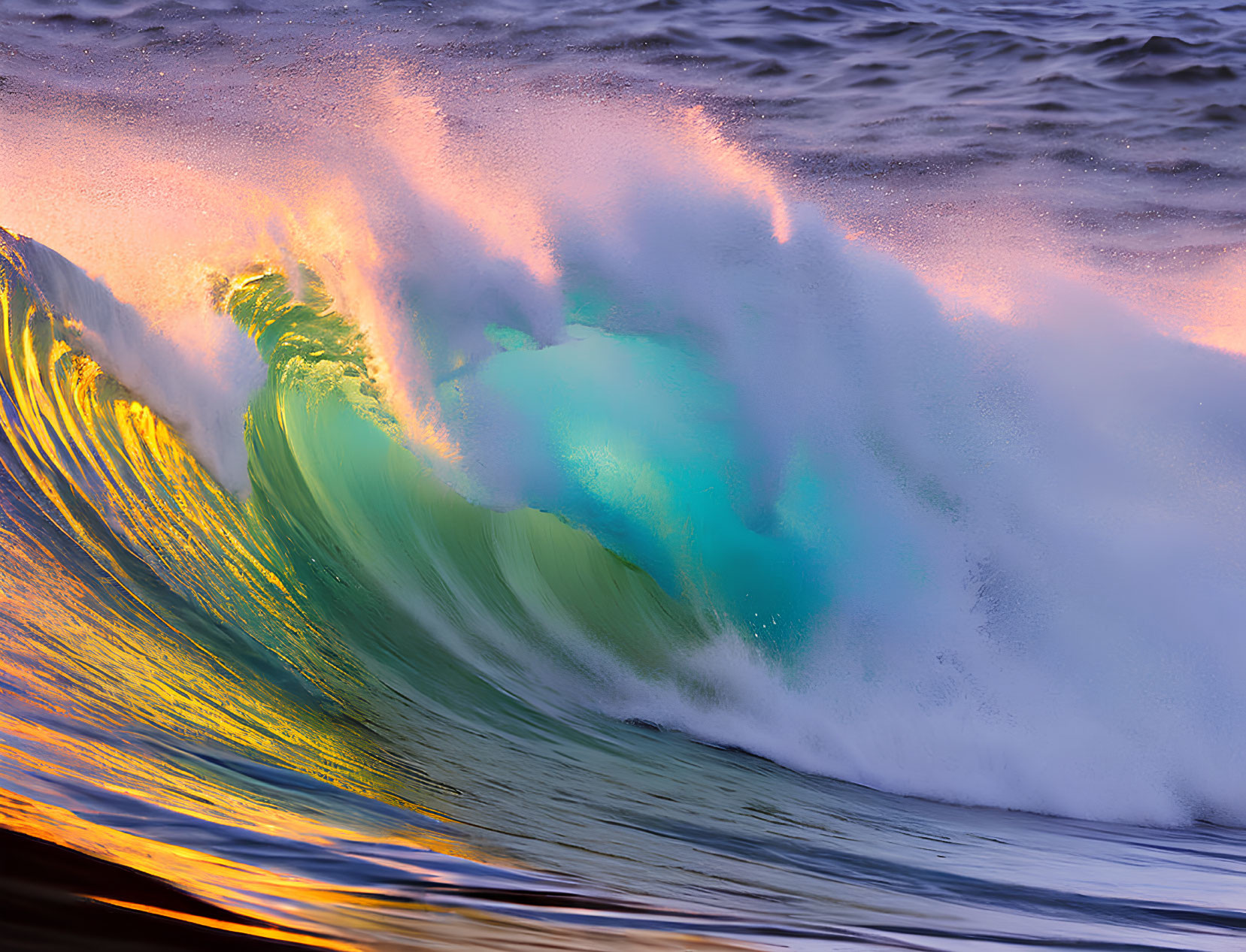 Vibrant ocean wave mid-break with sunlight and aqua hues