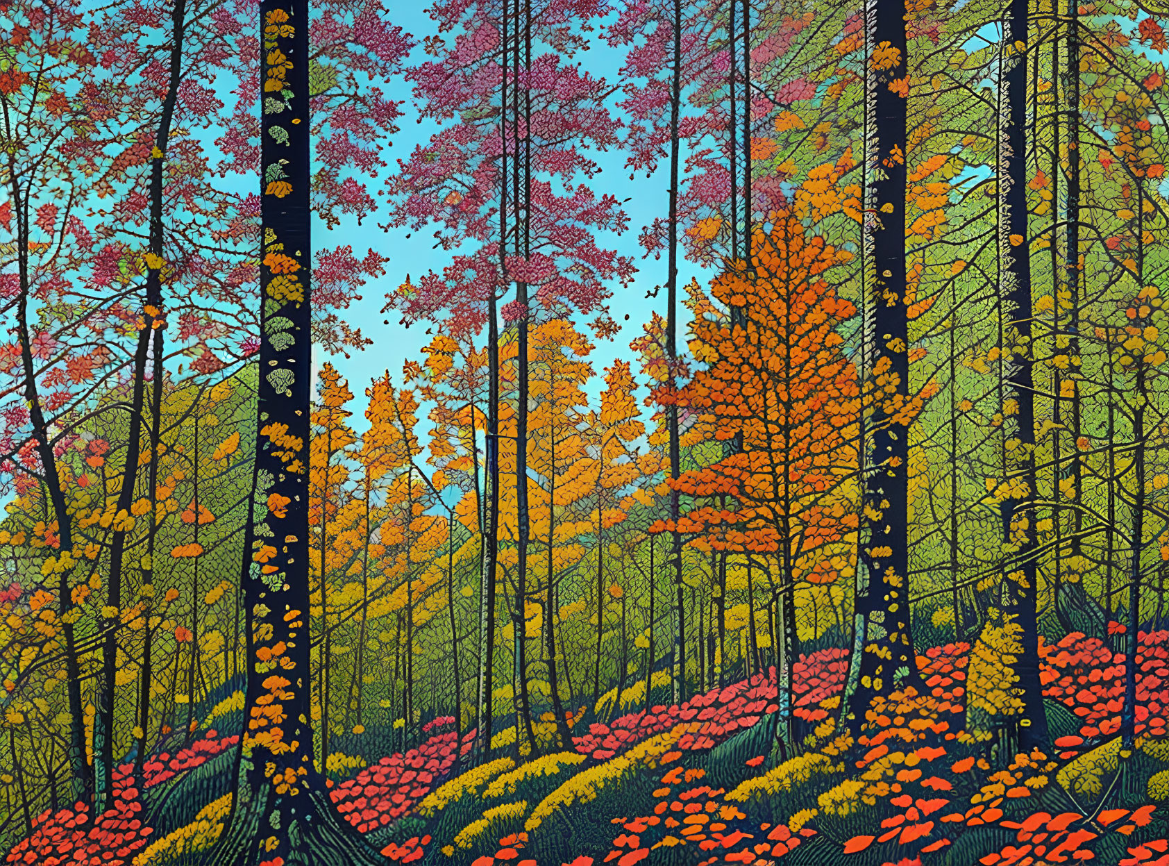 Colorful forest illustration with tall trees and vibrant canopy.