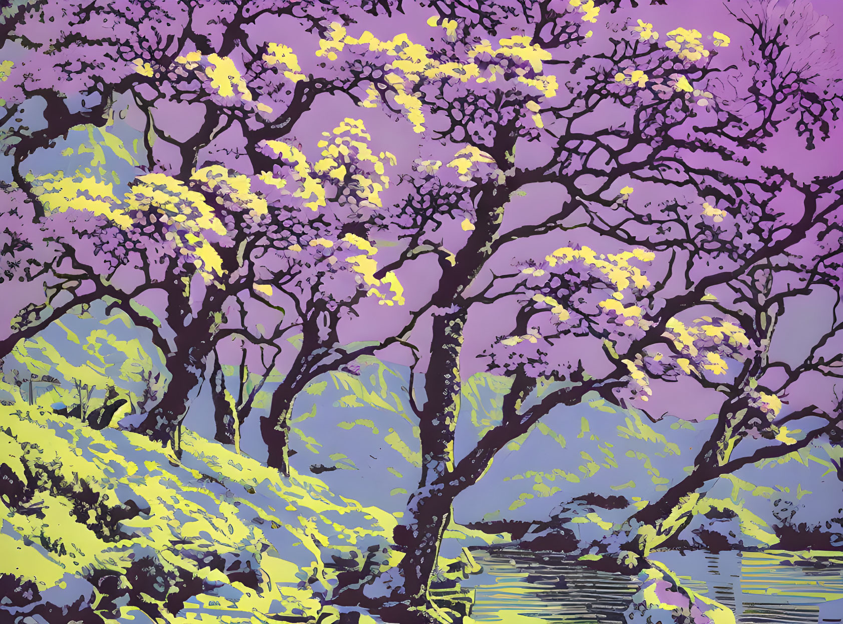 Vibrant landscape digital artwork with purple and yellow hues