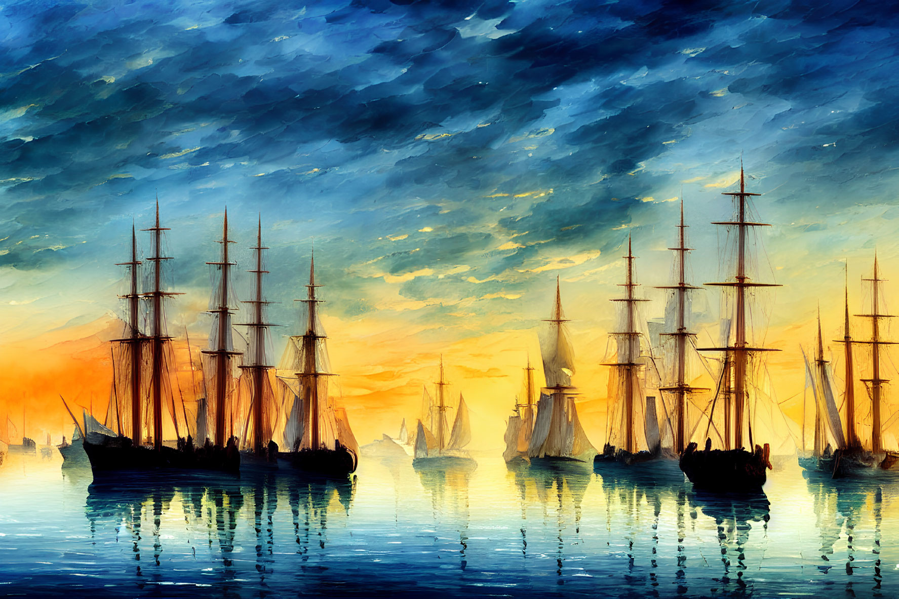 Tall ships with masts and sails at sunset over water