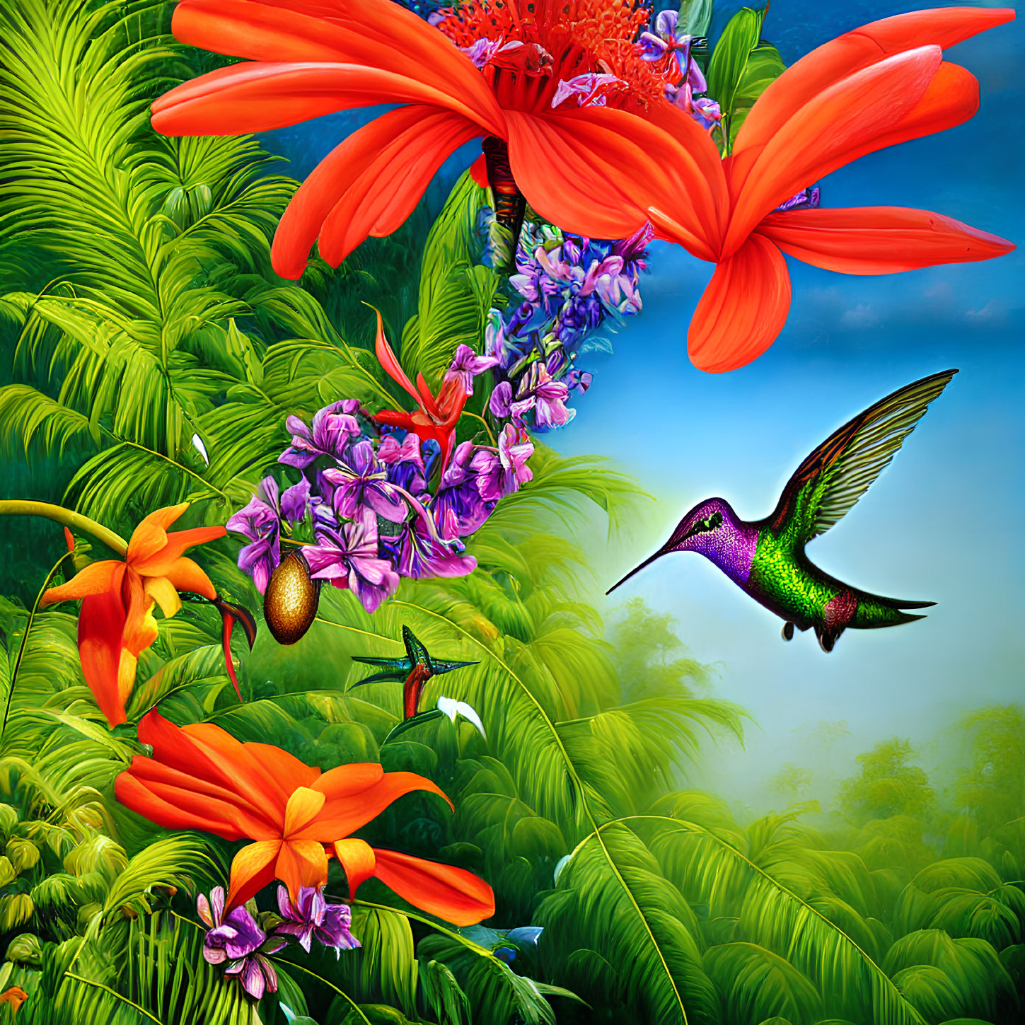 Colorful hummingbirds flying among vibrant flowers in lush green setting