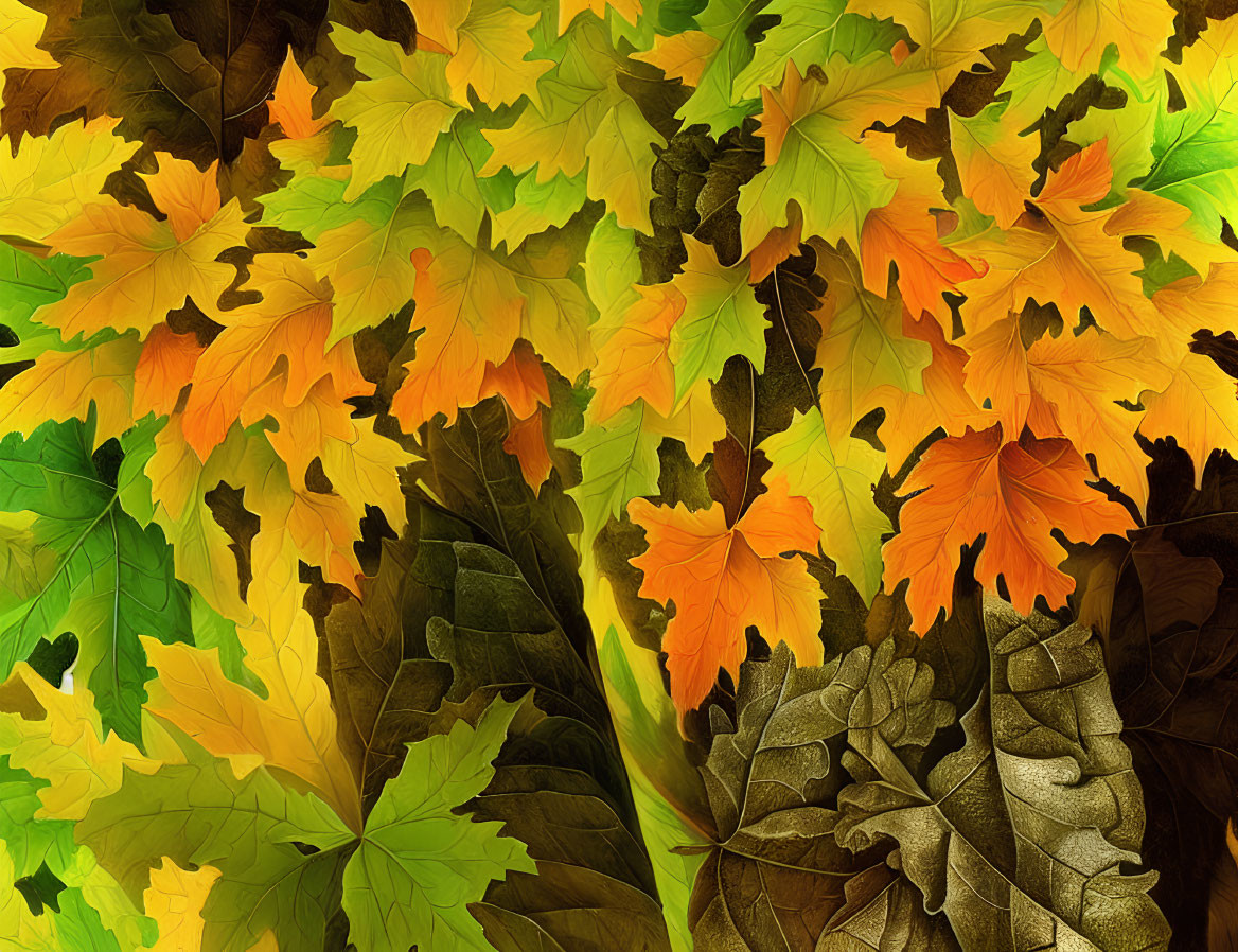 Vibrant Array of Autumn Leaves in Green, Yellow, and Orange