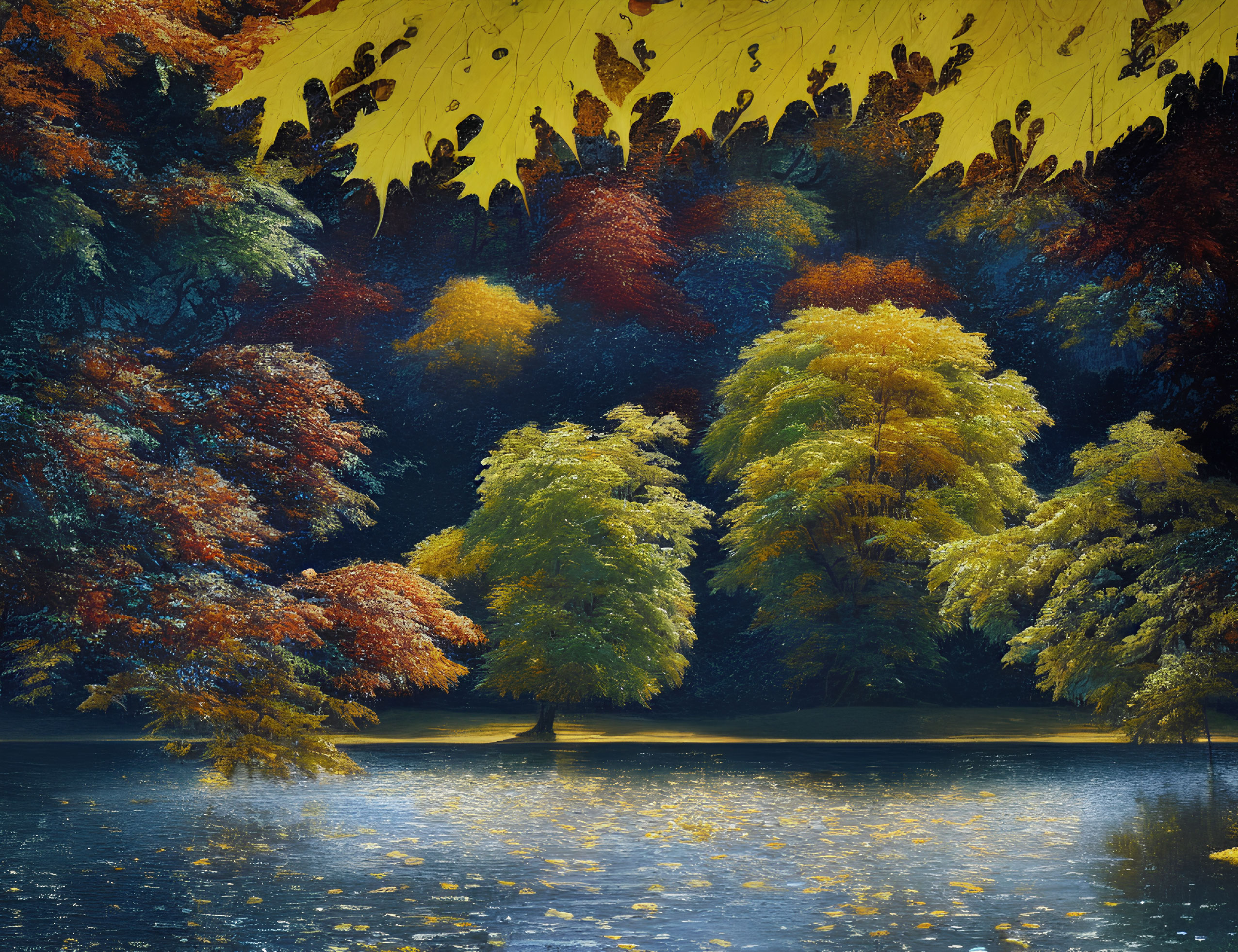 Vibrantly colored trees reflecting on tranquil water under a surreal yellow sky