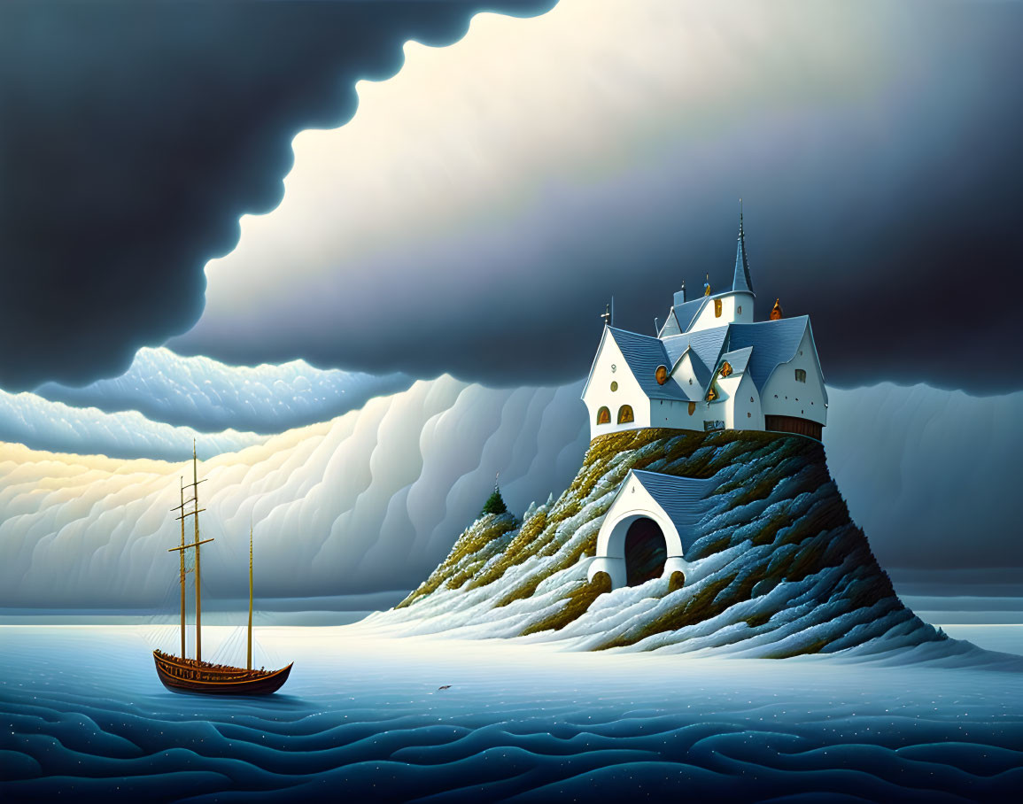 Majestic fairytale castle on steep hill with ship, dramatic sky & waves