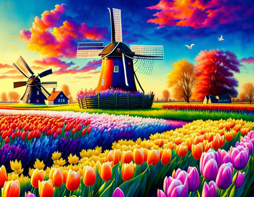 Vibrant painting of tulip field with Dutch windmills