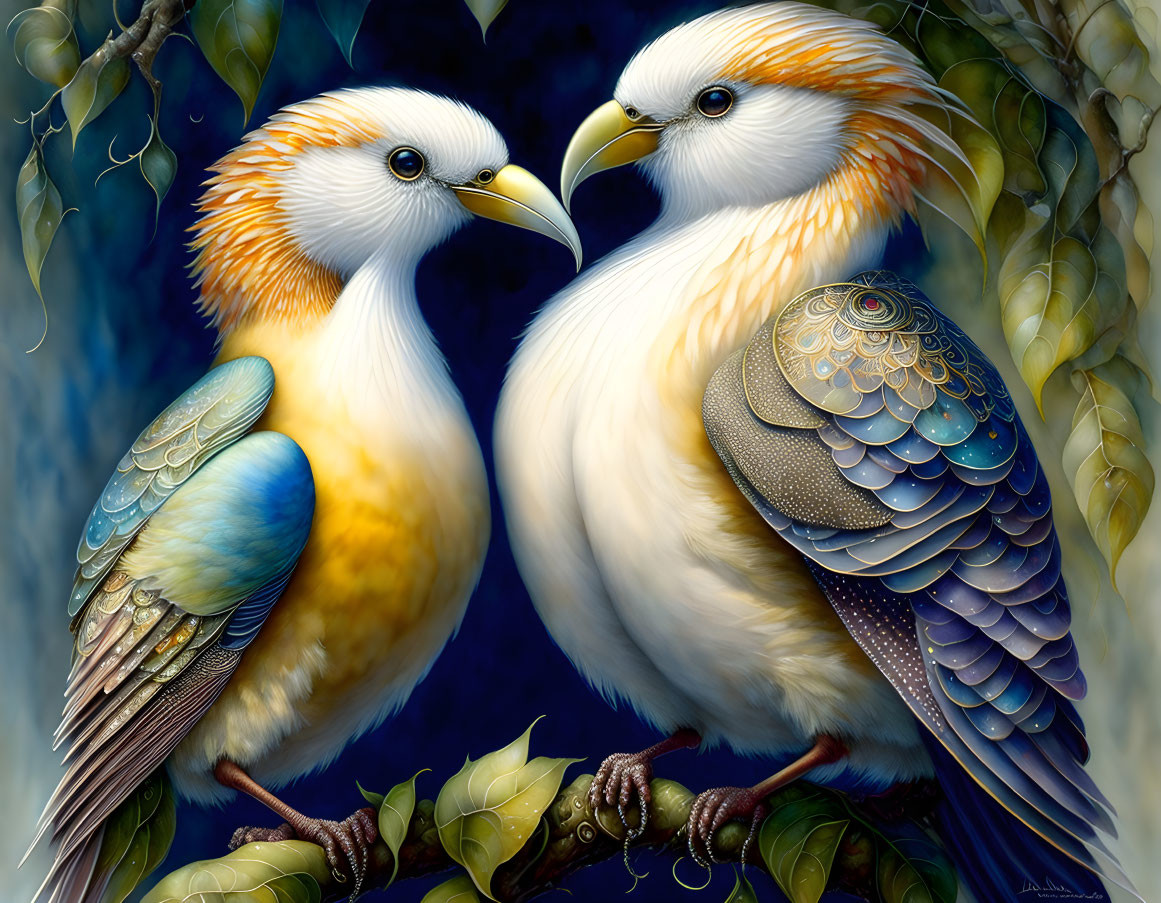 Colorful ornate birds with intricate patterns in lush foliage