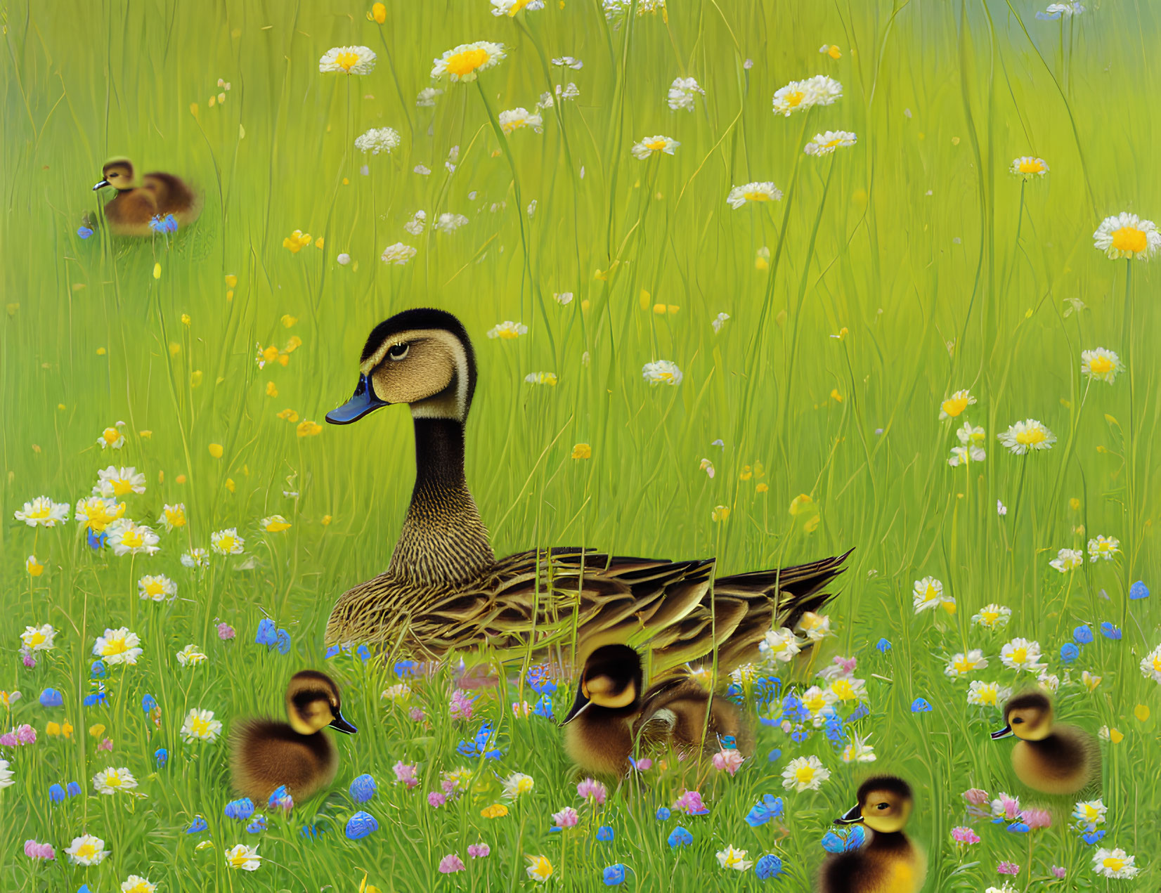 Colorful Meadow Scene with Duck and Ducklings in Digital Illustration