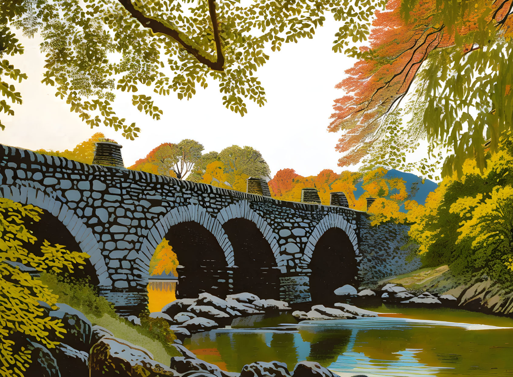 Tranquil river scene with stone bridge and autumn trees