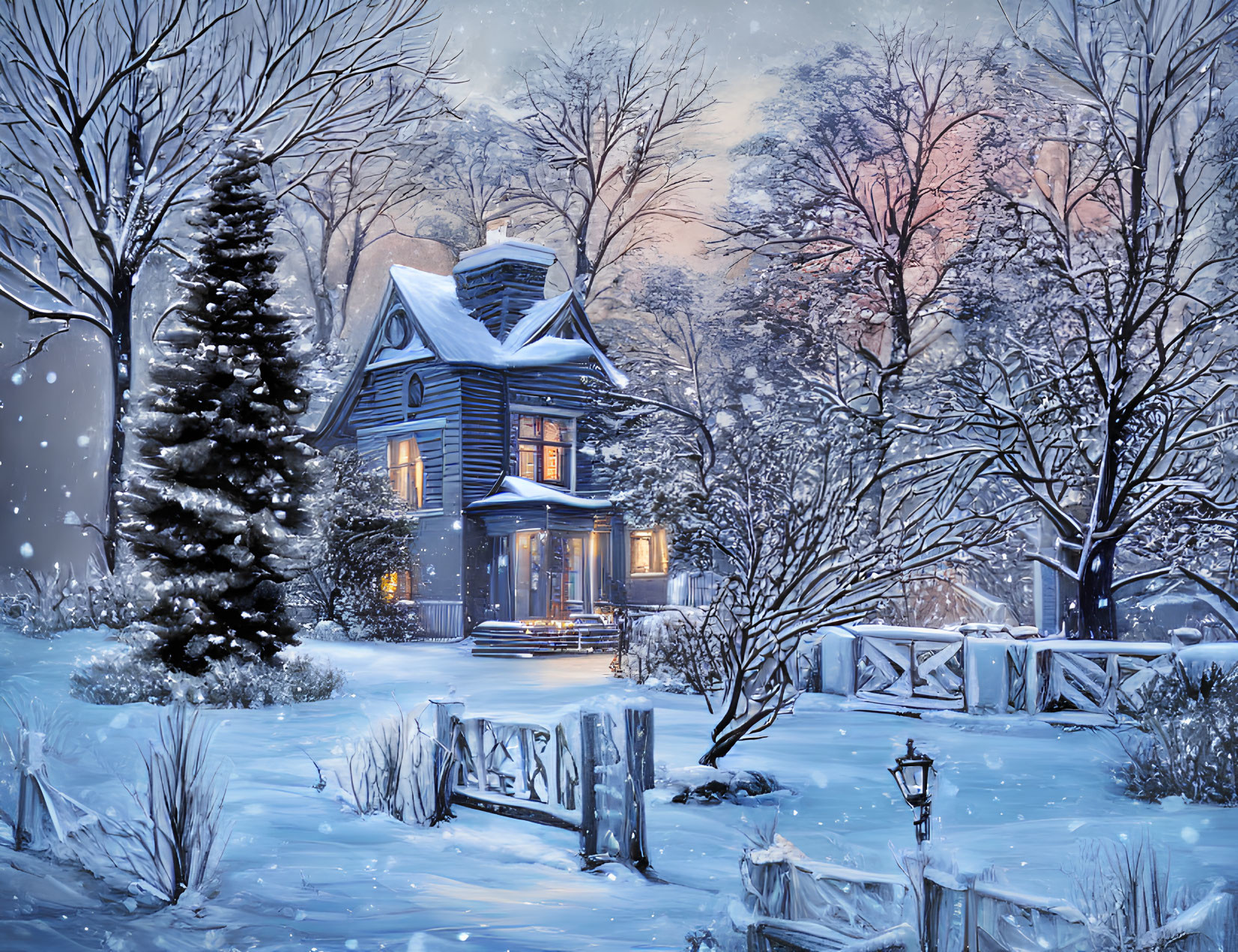 Victorian house in snowy landscape with trees and fence