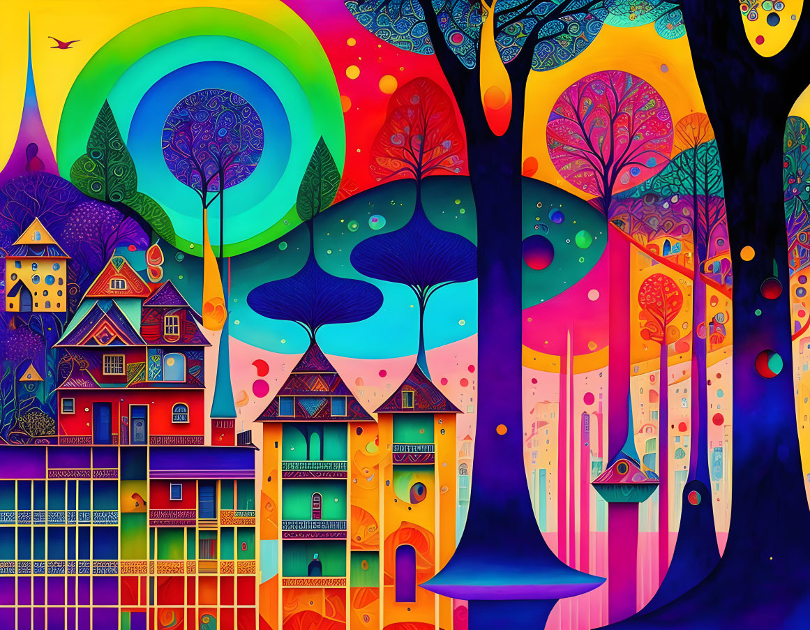 Colorful landscape with whimsical elements under a rainbow sky