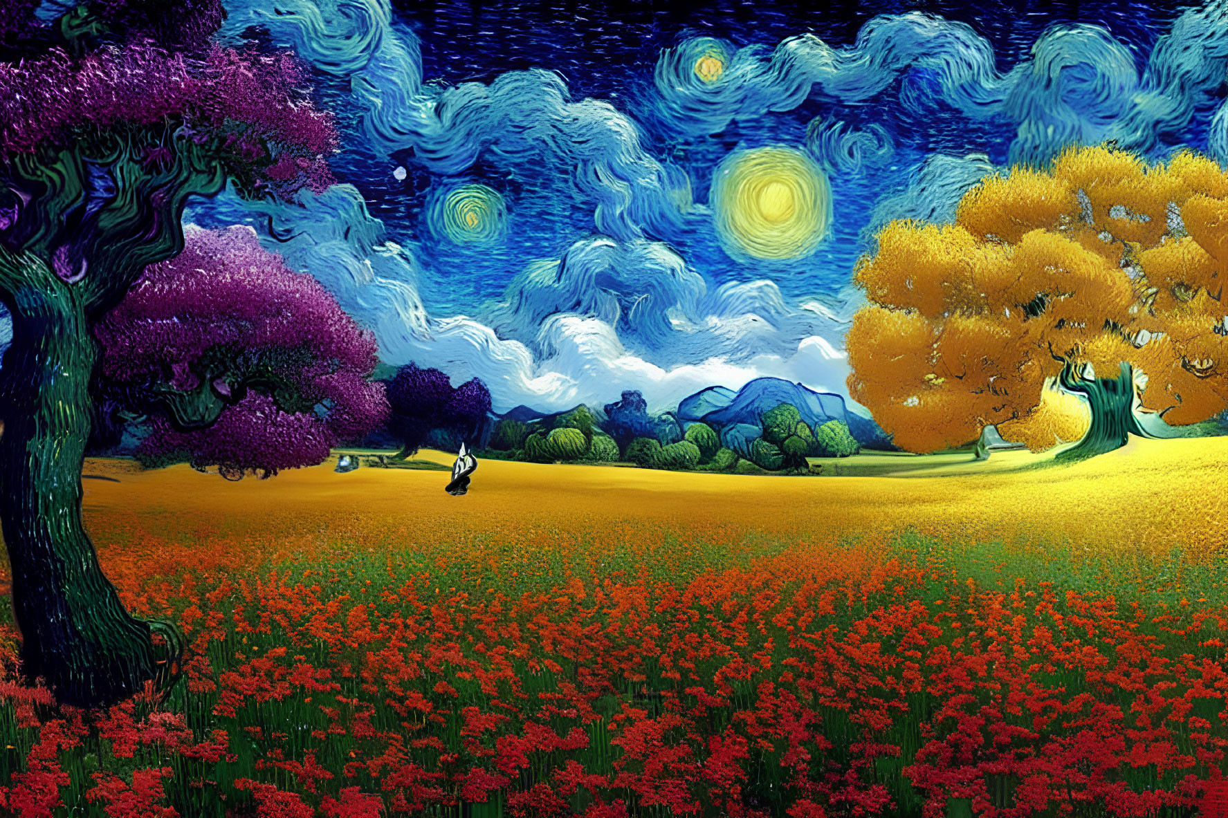 Colorful landscape with starry sky and swirling clouds in Van Gogh style
