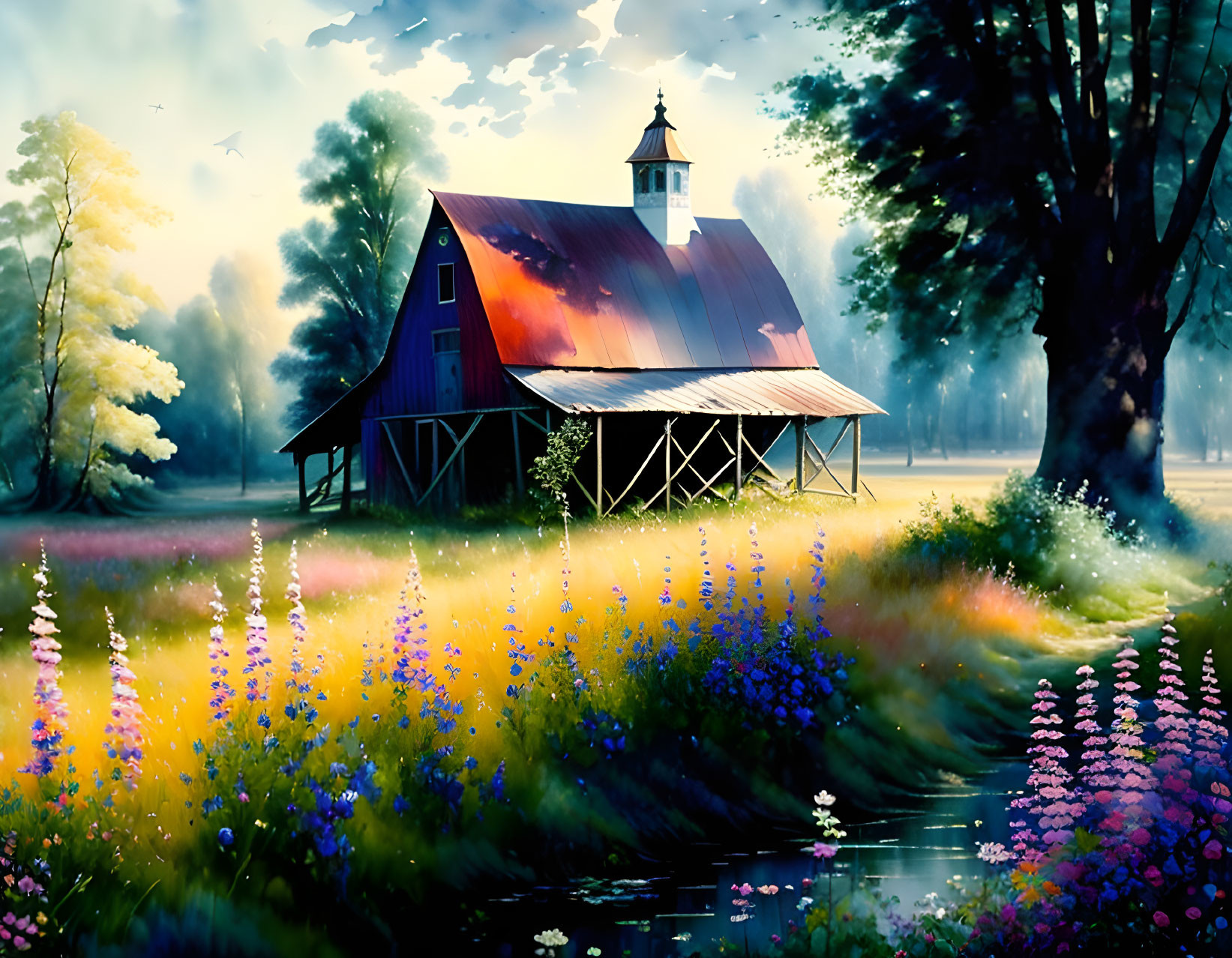 Red Barn with Weather Vane Surrounded by Purple Wildflowers in Meadow at Sunrise