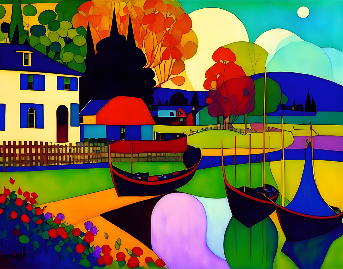 Vibrant painting of a pastoral landscape with houses, trees, sailboats, and bright sun