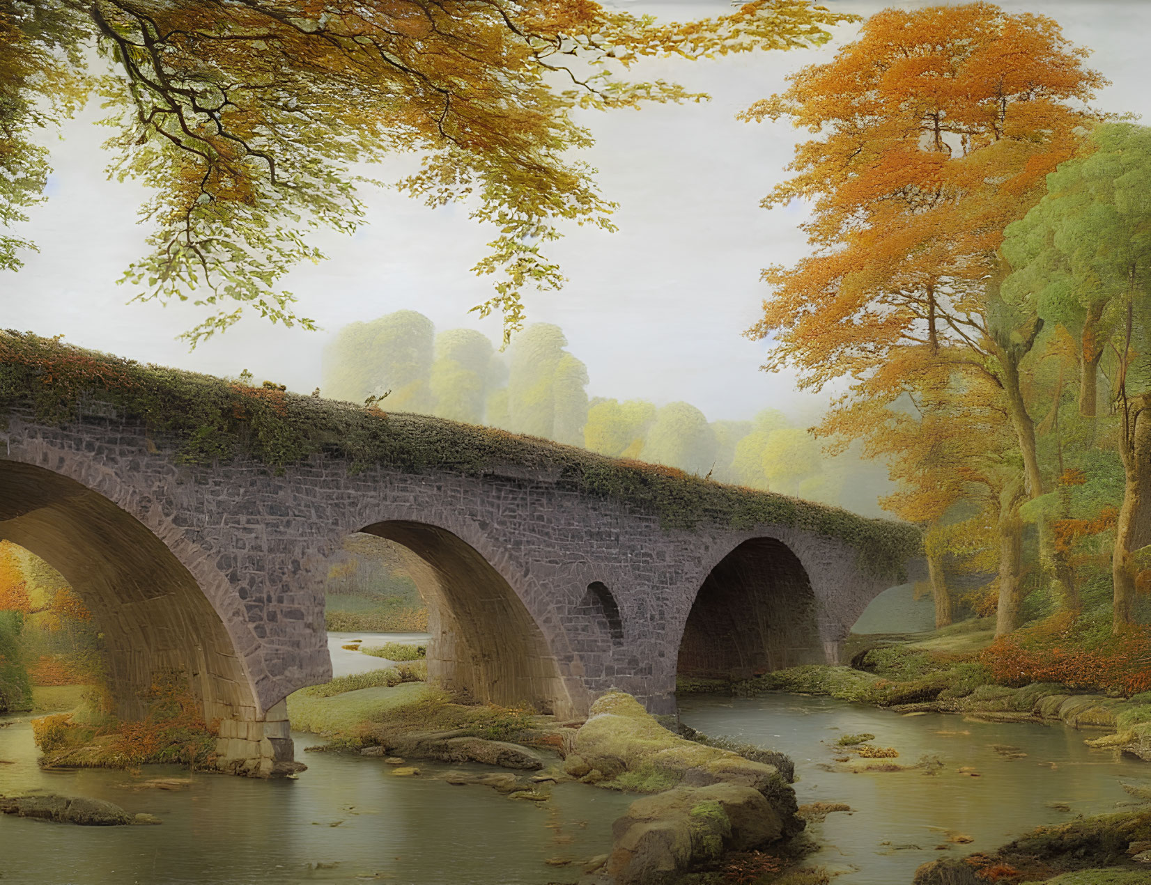 Tranquil River Scene: Old Stone Bridge, Autumn Trees