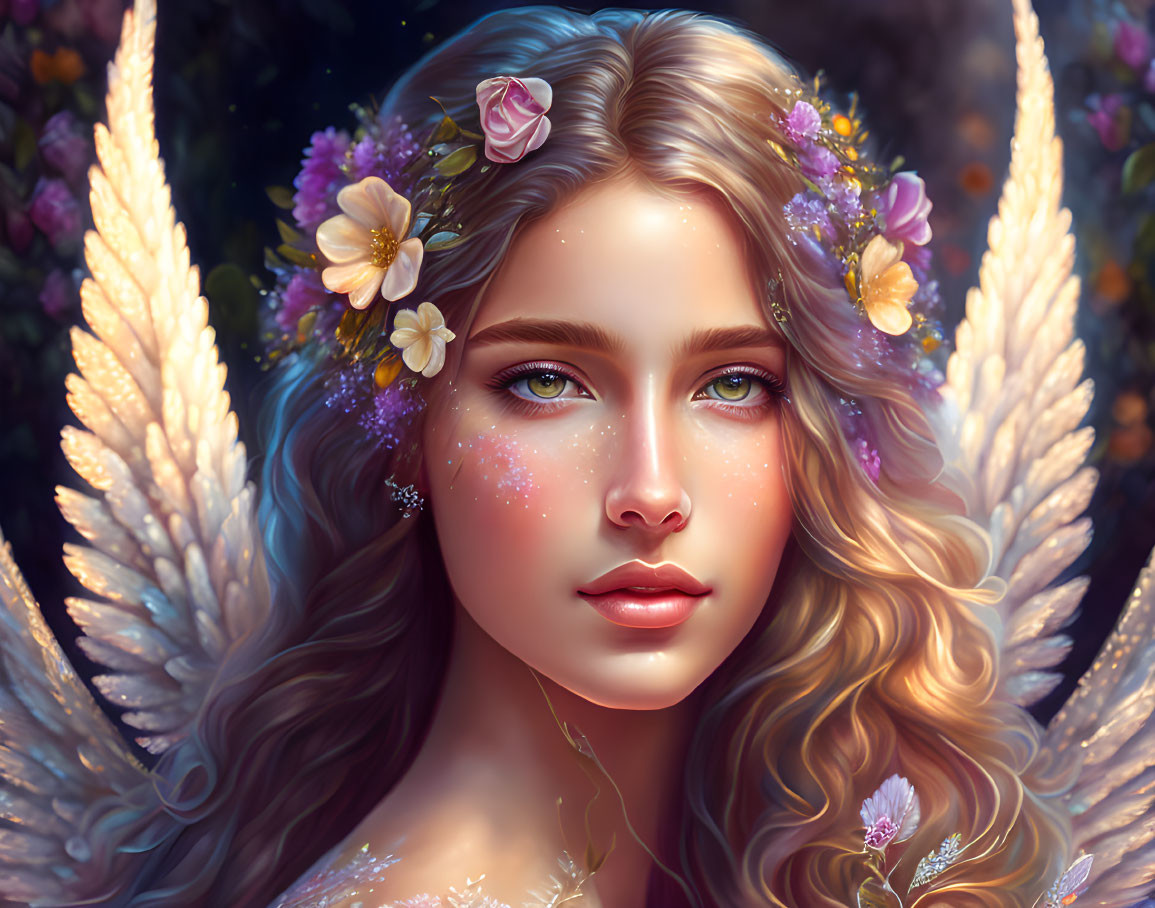 Digital illustration of young woman with angelic wings and floral crown, detailed eyes and serene expression