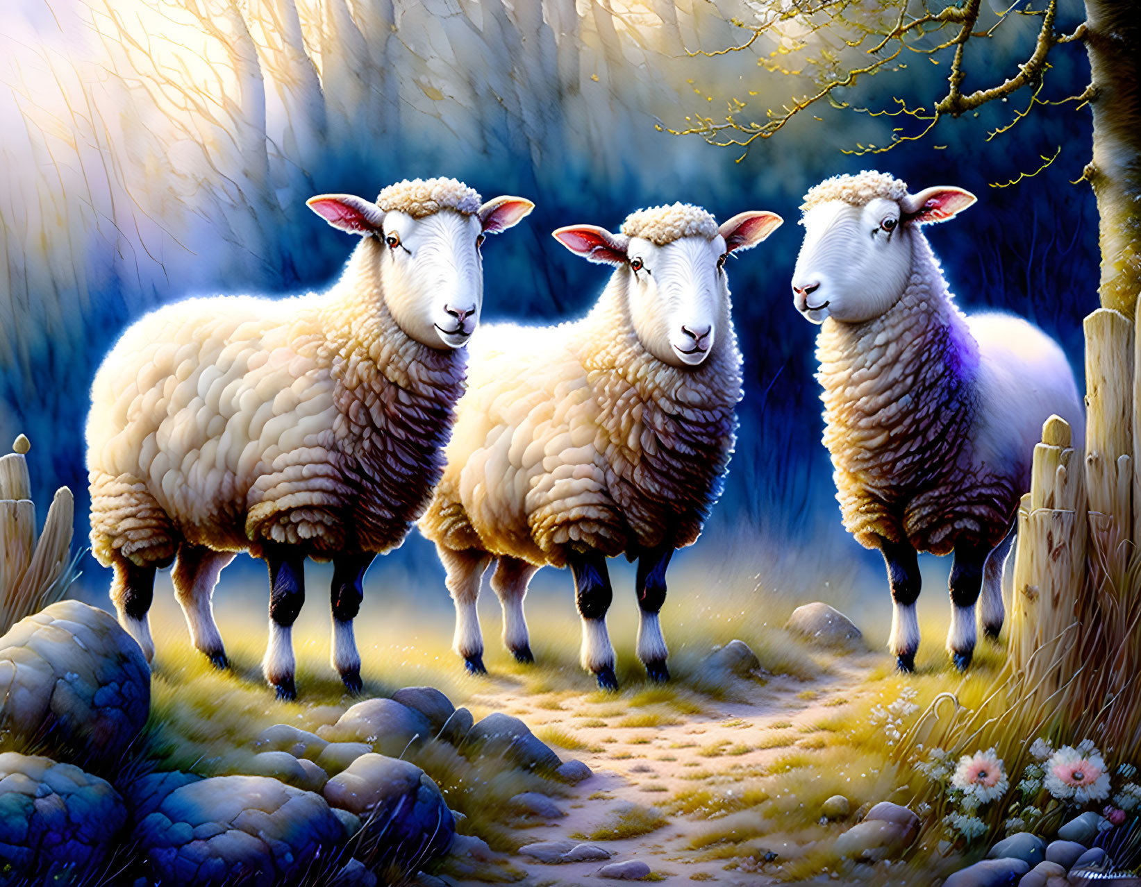 Three sheep standing in mystical forest with bright colors