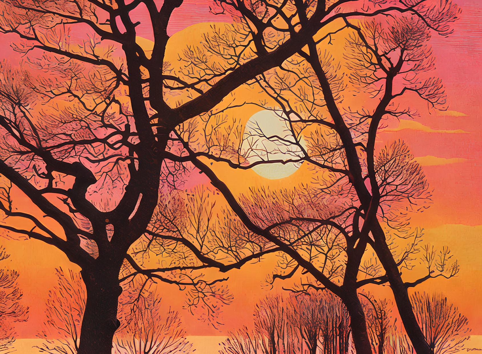 Silhouetted bare trees against vibrant orange and red sky with stylized sun.