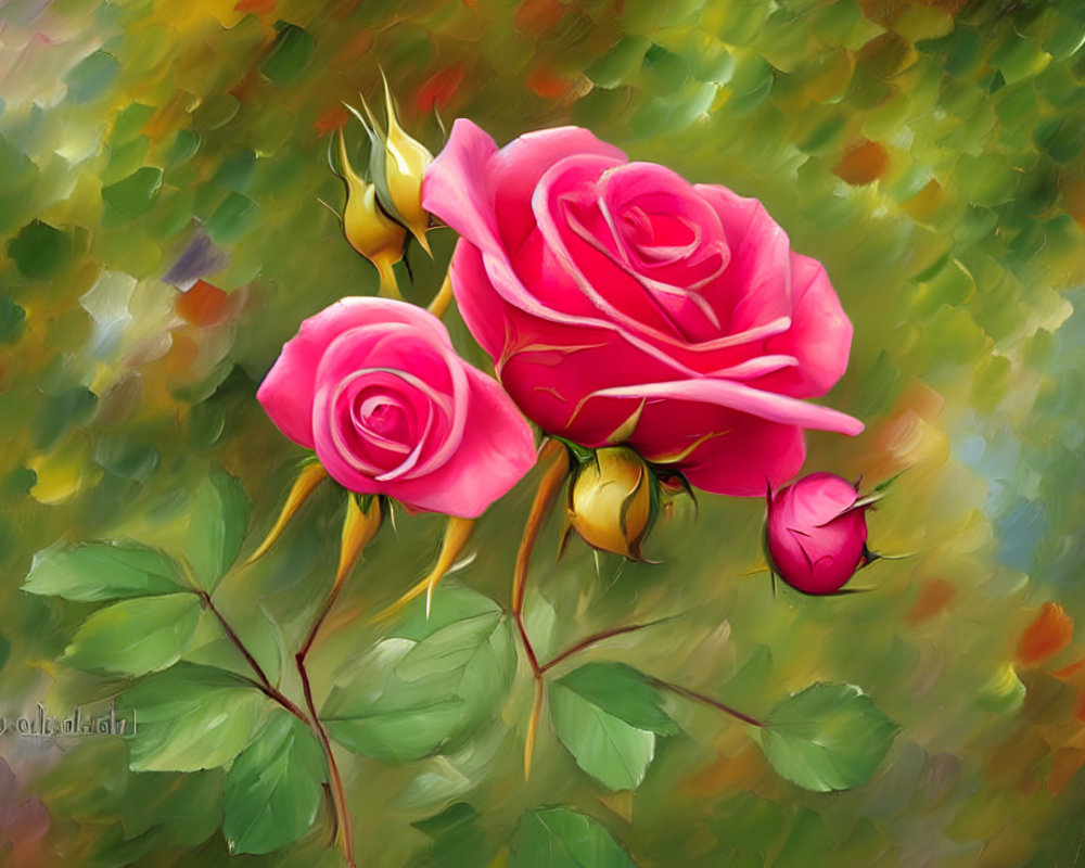 Colorful painting of blooming pink roses with green leaves on blurred background