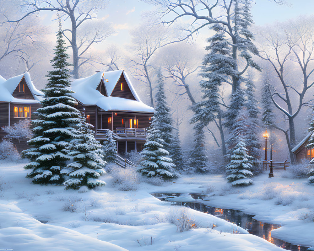 Snow-covered trees and cozy house in serene winter scene