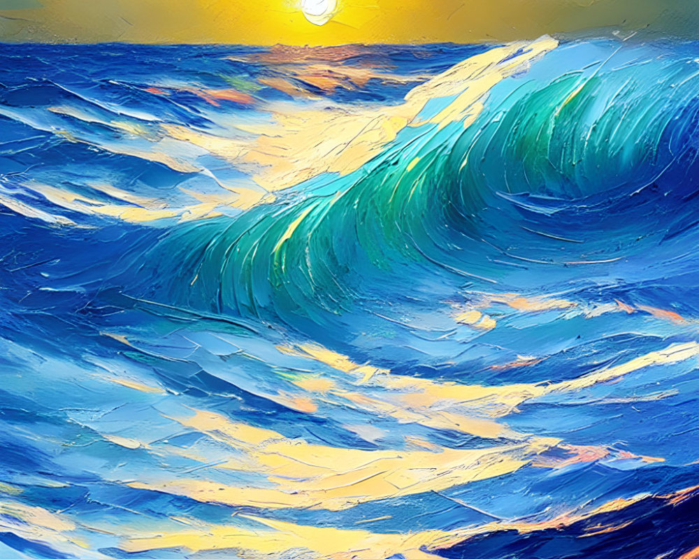 Blue Wave Painting with Textured Surface and Sunset Sky Colors