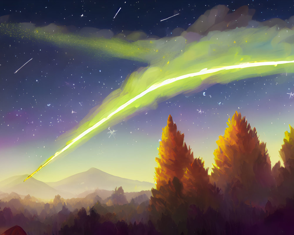 Starry Night Sky with Green Comet over Autumn Forest