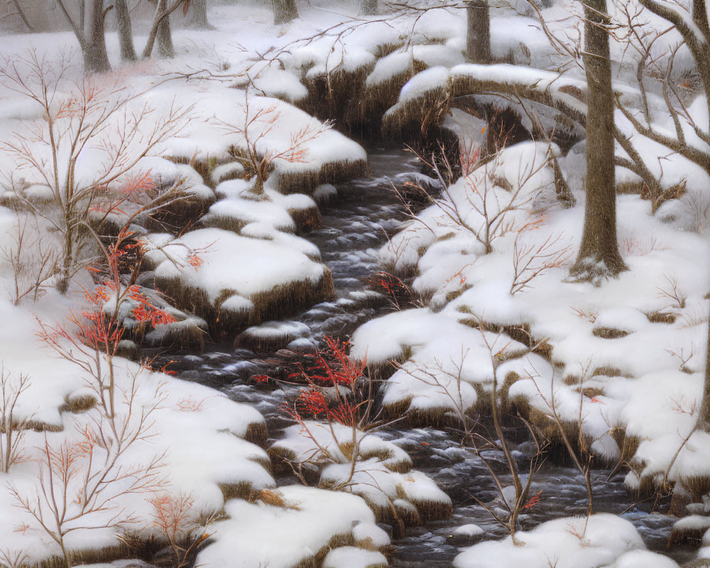 Snow-covered landscape with meandering stream and red-leafed bushes