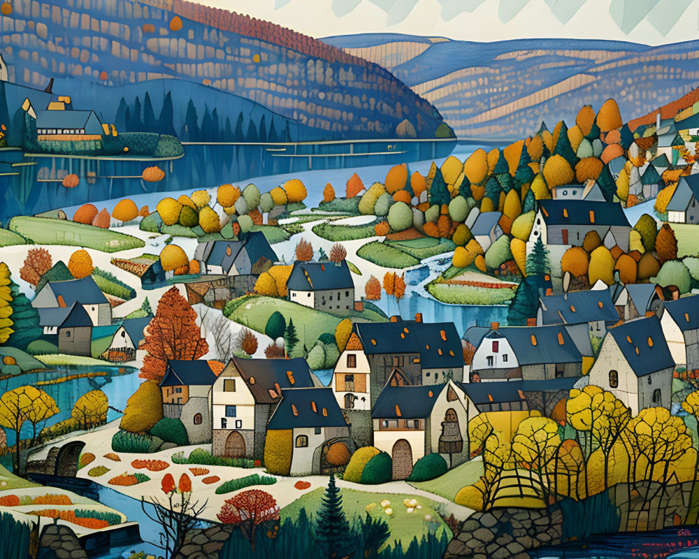 Colorful Autumn Village Scene by River and Hills