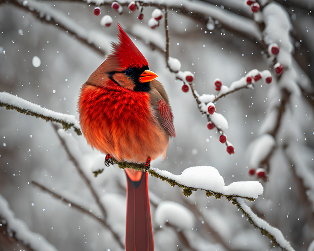 Red cardinal on snowy branch with red berries and snowfall