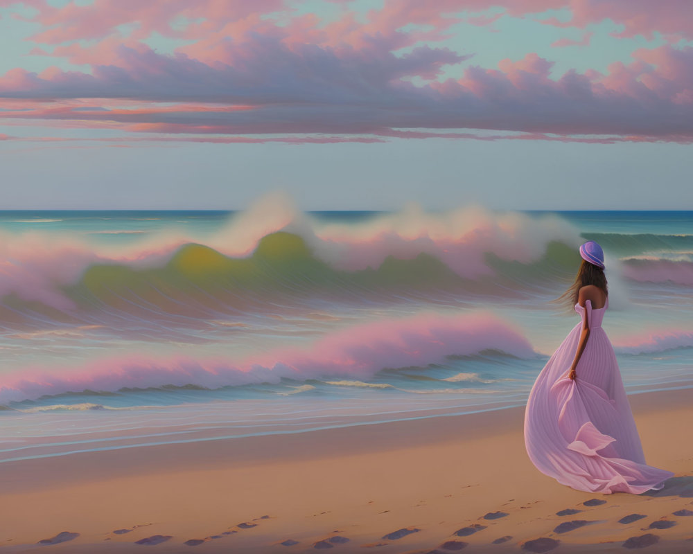 Woman in flowing pink dress on serene beach at sunset