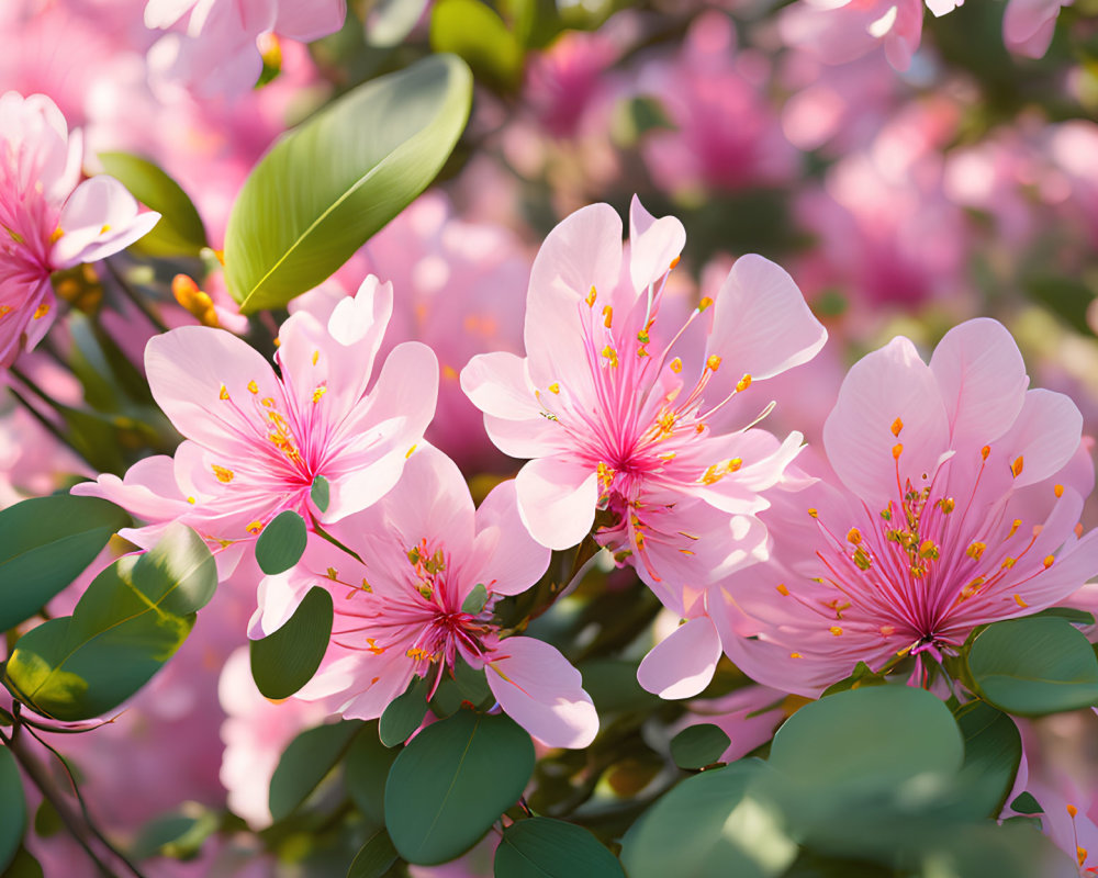 Delicate pink cherry blossoms with stamens and green leaves in sunlight