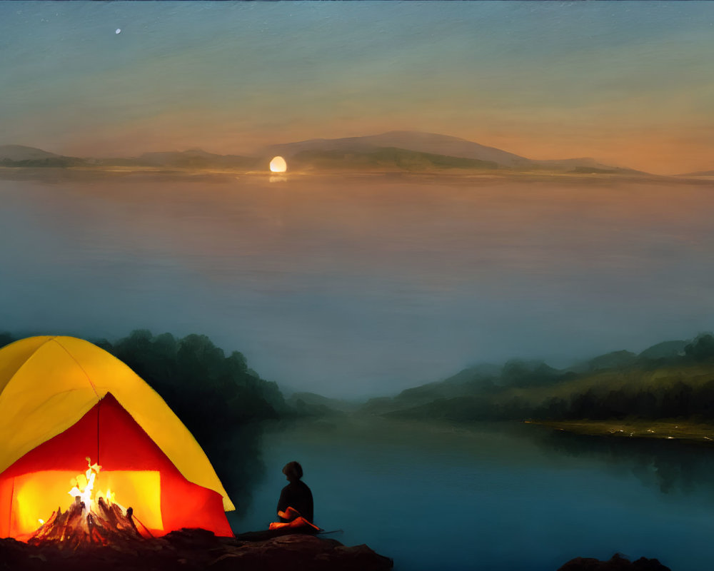 Tranquil campsite by lake with glowing tent and campfire