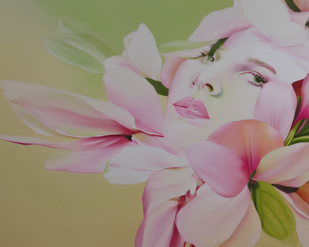 Surreal portrait: Woman's face in pink flower petals on green background