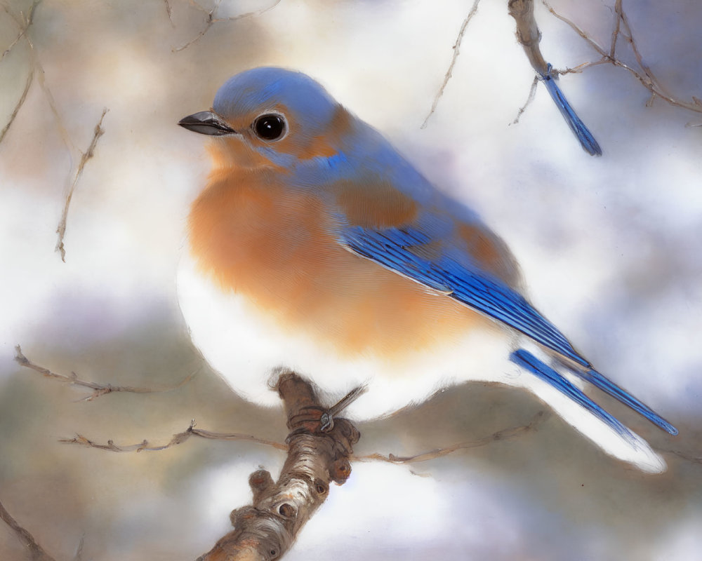 Colorful bird with blue wings and orange breast on twig in soft background