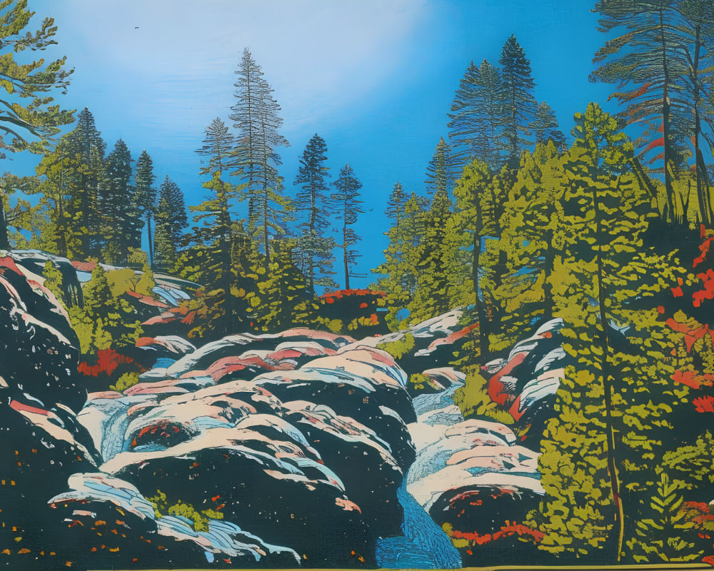 Colorful forest painting with waterfall and tall trees