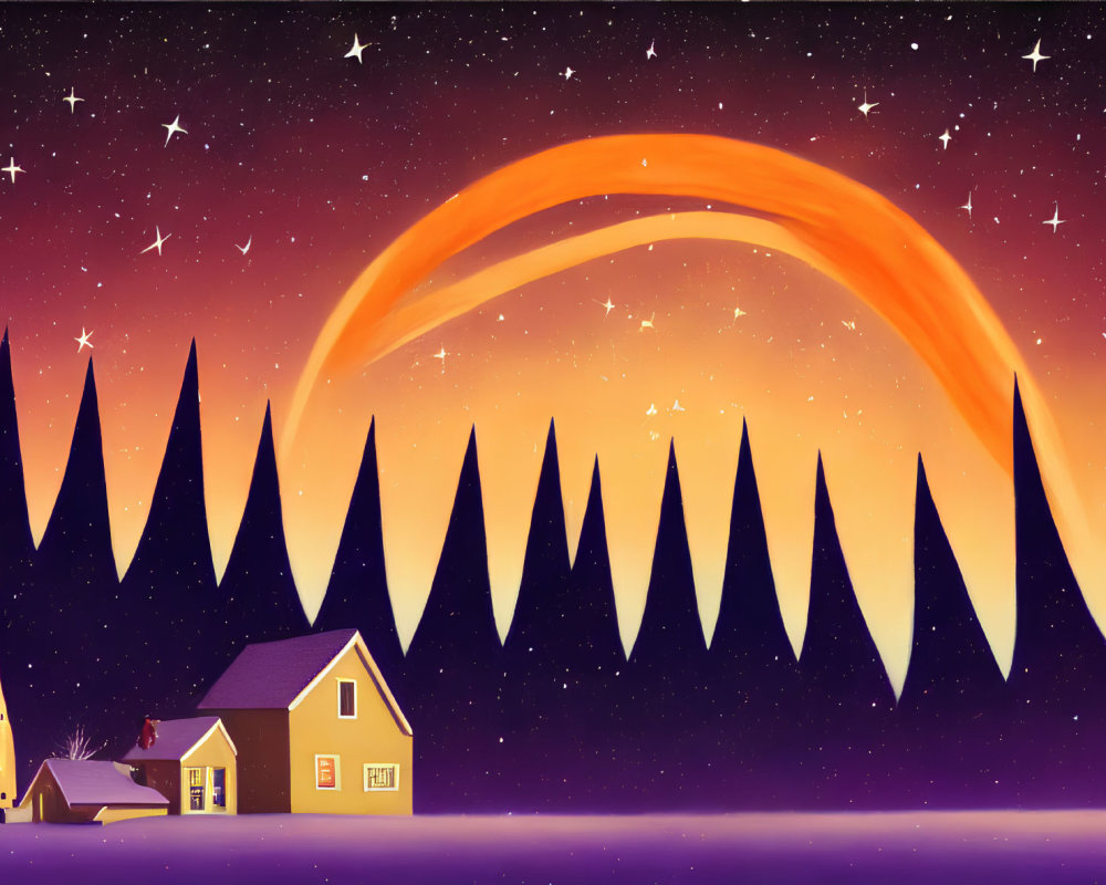 Vibrant orange crescent moon over night scene with stars, church, house, and mountains