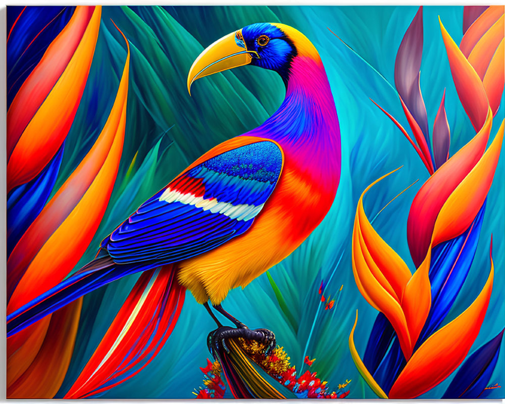 Colorful Bird Illustration with Large Beak and Tropical Foliage