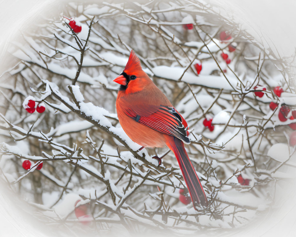 Red cardinal on snowy branch with red berries in wintry backdrop